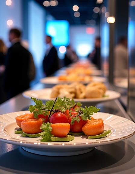 企業の立食パーティーでのモダンなビュッフェ