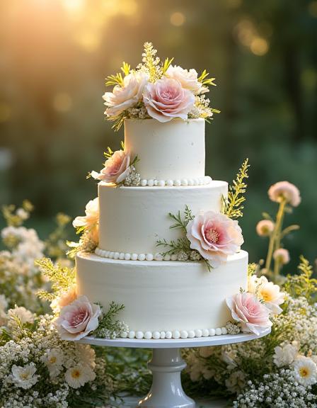 緑に囲まれたガーデンウェディングでのウェディングケーキ